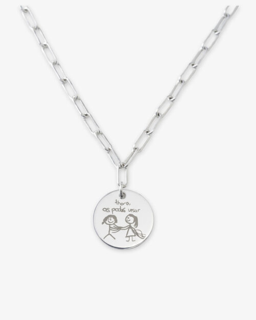 Collar de Cadena de Eslabones Rectangulares en Plata de Ley 925 Personalizada con Colgante Redondo 20 mm - LINK