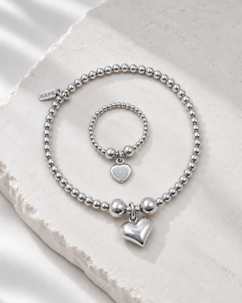 Set Dúo Origen de pulsera y anillo de bolas de plata de ley 925 con charms de corazón de AULINE