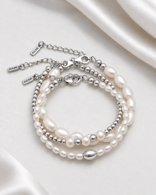 Set Trío Silk de tres pulseras de perlas naturales de agua dulce y bolas de plata de ley 925 de AULINE